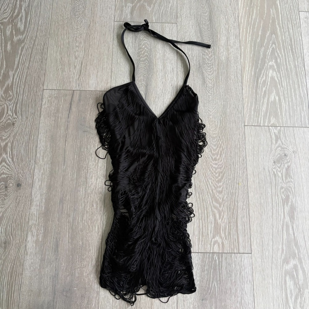 Dreamgirl Womens Black Sexy Fringe Halter Neck Babydol Mini Bodysuit Size S